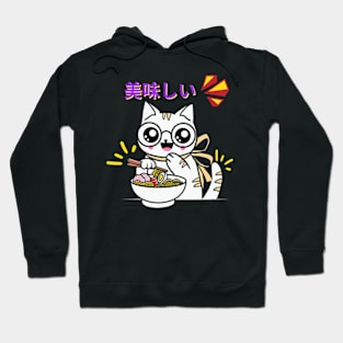 kawaii cute anime white cat eating ramen Hoodie